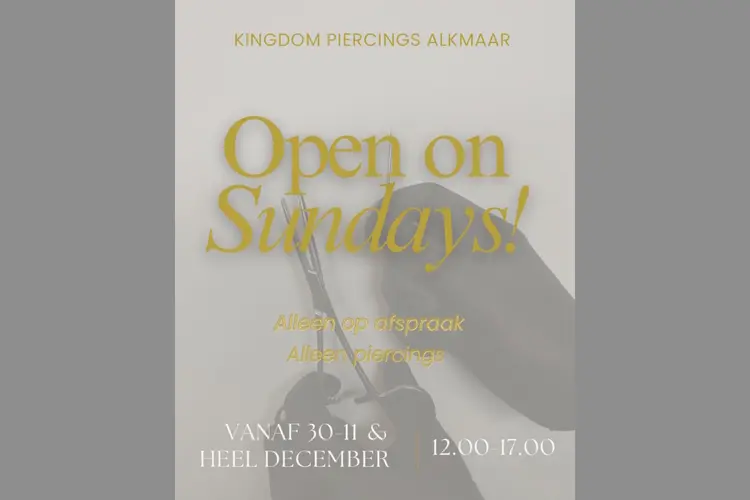 Kingdom Piercings Alkmaar: vanaf 30-11 ook op zondags open